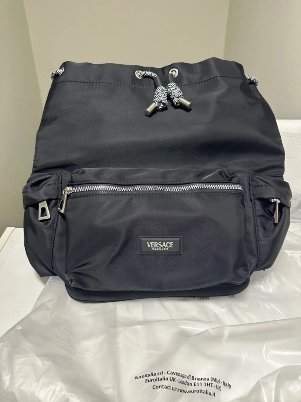 Versace Black Drawstring Backpack with Front Zip Pocket